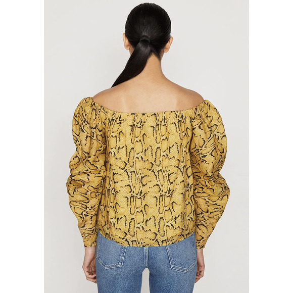 FRAME Off the Shoulder Billow Top in Python Size L Yellow Snakeskin Blouse - Picture 3 of 9